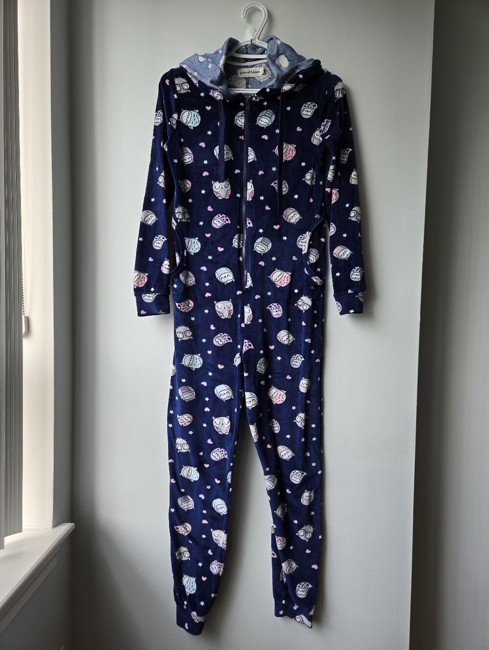 Weekend Ed'n PJs XS Womens Navy Plush Onesie Cute Whimsical Owls Hoodie Pockets